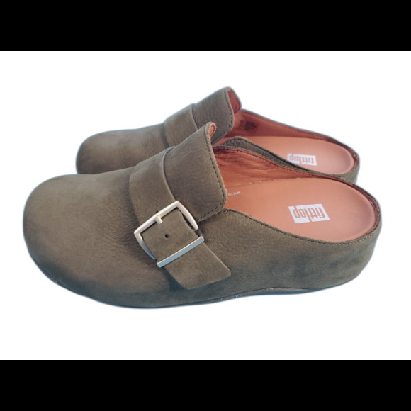 Fitflops Cloggs Sz 6 Women Green Leather Shoe Boho Preppy Buckle Teacher Slip On - Picture 3 of 10